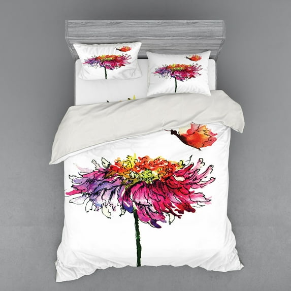 Ambesonne Watercolor Bedding Set 4 Pcs, Chrysanthemum Flower, Queen, Multicolor