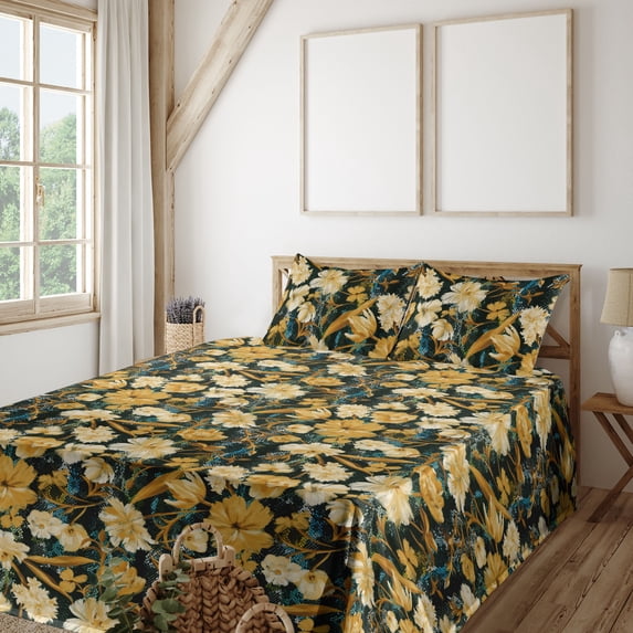 Ambesonne Watercolor Botany Fitted & Flat Sheet with Shams 4 Pcs Set, Retro Boho Bloom, King, Pale Earth Yellow Cream
