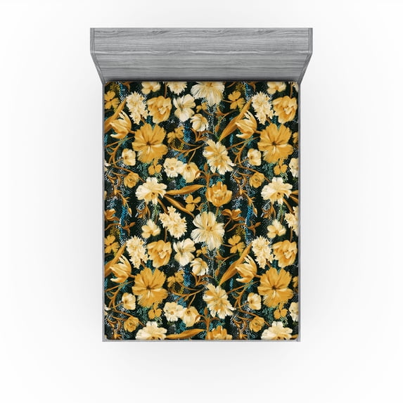 Ambesonne Watercolor Botany Fitted Sheet, Retro Boho Bloom, California King, Pale Earth Yellow Cream