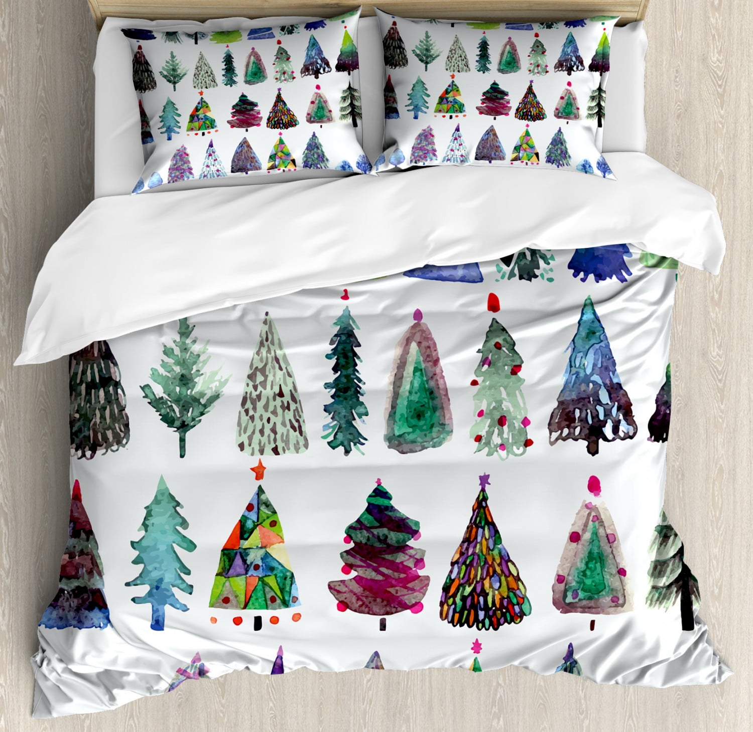 King Size Watercolor Christmas Fir Trees Duvet Cover Set