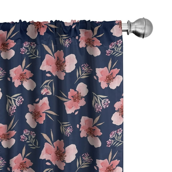 Ambesonne Watercolor Curtains, Pink Garden Flora, Pair of 28"x84", Navy Blue Coral