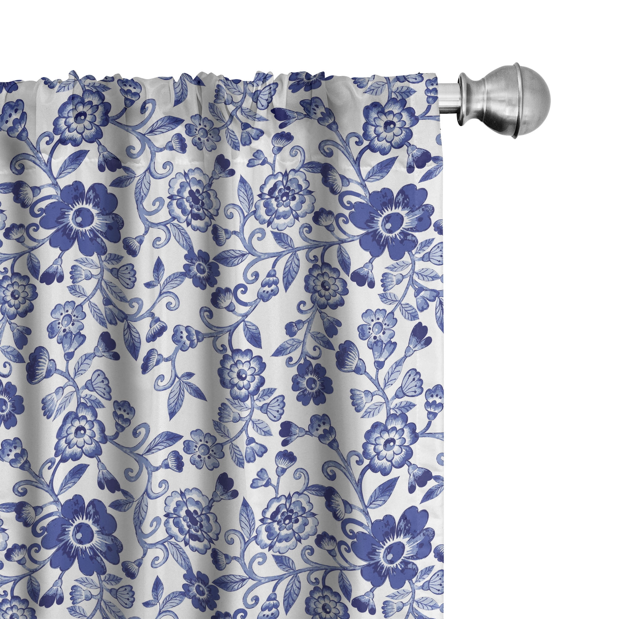 Blue Floral Light-Filtering Polyester Rod Pocket Curtain Panels