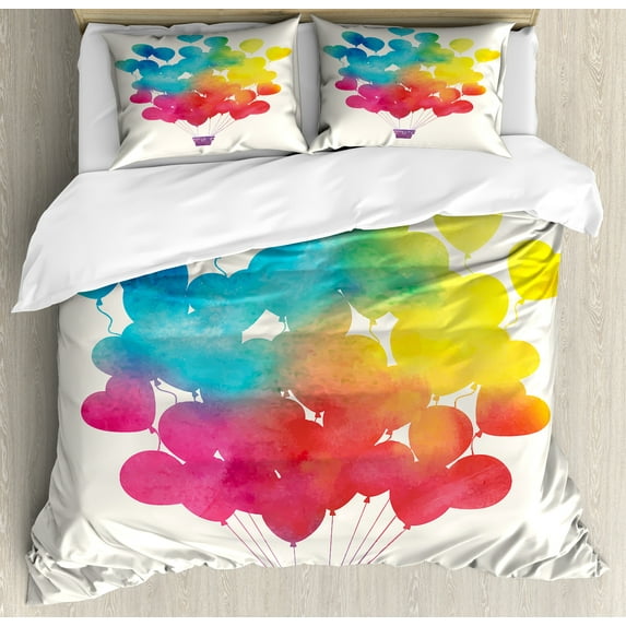 Ambesonne Watercolor Duvet Cover Set, Air Balloon Heart, 2-Calking, Sky Blue Yellow Pink Red
