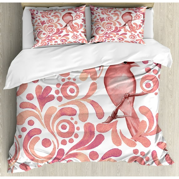 Ambesonne Watercolor Duvet Cover Set, Bird on Branch, 2-Calking, Coral Dried Rose White