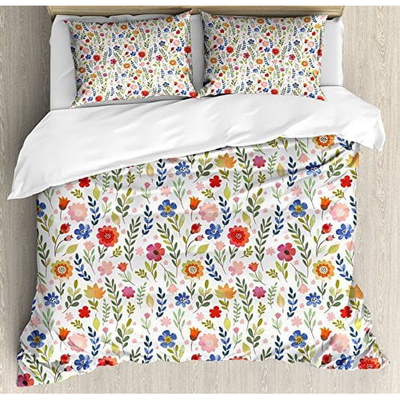 Ambesonne Watercolor Duvet Cover Set, Floral Patterned Illustration with Leaves and Wildflowers Abstract Botanical, Decorative 3 Piece Bedding Set with 2 Pillow Shams, King Size, Violet Blue