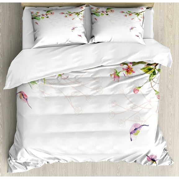 Ambesonne Watercolor Duvet Cover Sets, Apple Tree in Spring, 2-King, Pale Pink Green