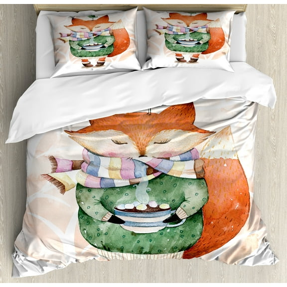 Ambesonne Watercolor Duvet Cover Sets, Fox Coffee Bird, 2-Queen, Jade Green Pale Pink