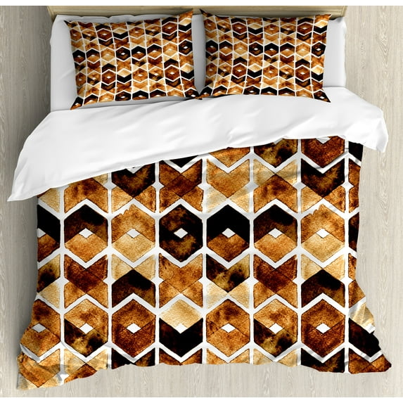 Ambesonne Watercolor Duvet Cover Sets, Tribal Chevron Lines, 2-King, Brown Caramel Pale Brown