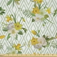 thumbnail image 1 of Ambesonne Watercolor Fabric by the Yard Microfiber, Blooming Floral Nature, 2 Yards, Pale Green Yellow White, 1 of 2