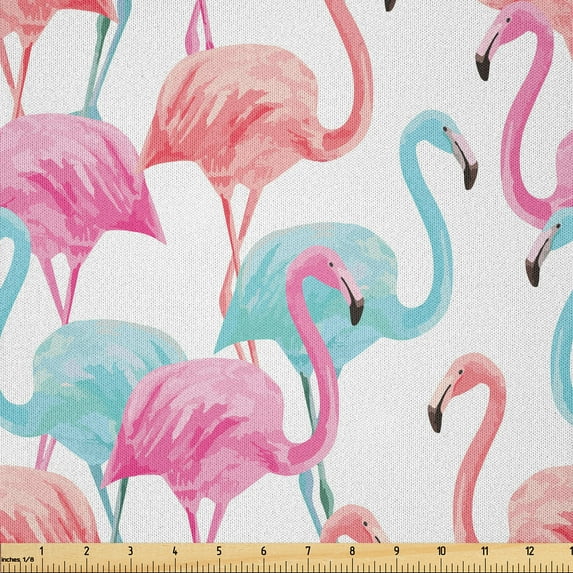 Ambesonne Watercolor Fabric by the Yard Microfiber, Hawaii Flamingos, 3 Yards, Pale Blue Salmon Pink