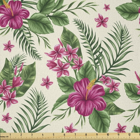 Ambesonne Watercolor Fabric by the Yard Microfiber, Plumeria Hibiscus, 1 Yard, Magenta Cream Green