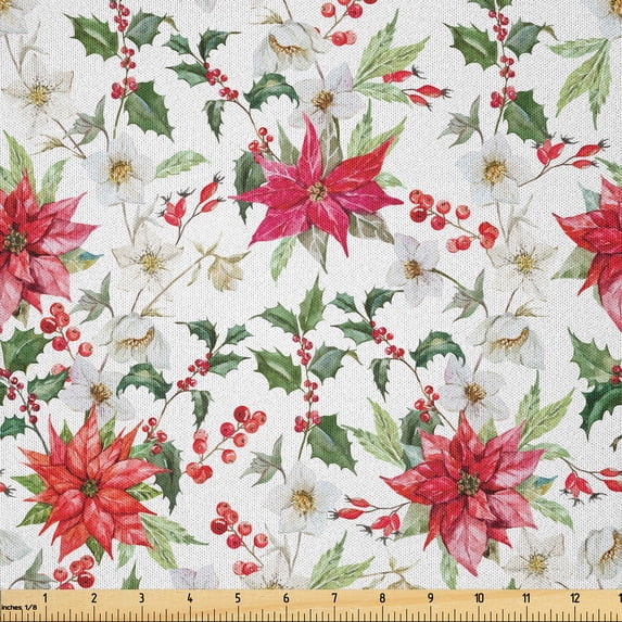 Ambesonne Watercolor Fabric by the Yard Microfiber, Poinsettia Rowan, 5 Yards, Vermilion Green Magenta