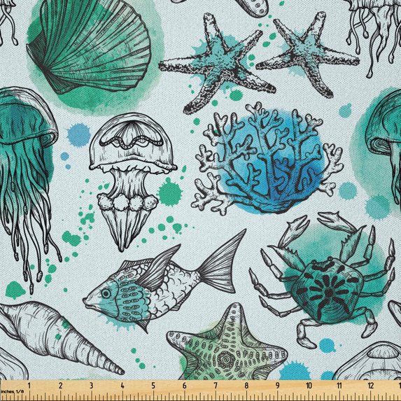 Ambesonne Watercolor Fabric by the Yard Microfiber, Seaweed Underwater Fauna, 1 Yard, Seafoam Deep Sky Blue