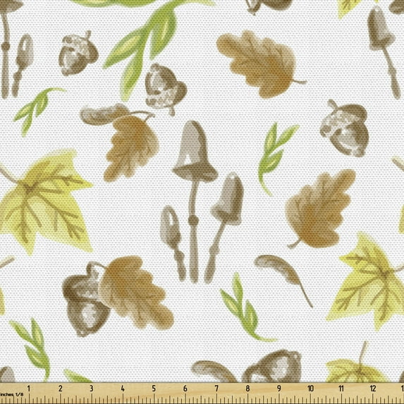 Ambesonne Watercolor Fabric by the Yard Upholstery, Blurry Fall Leaves Acorn, 5 Yards, Green Pale Caramel Umber