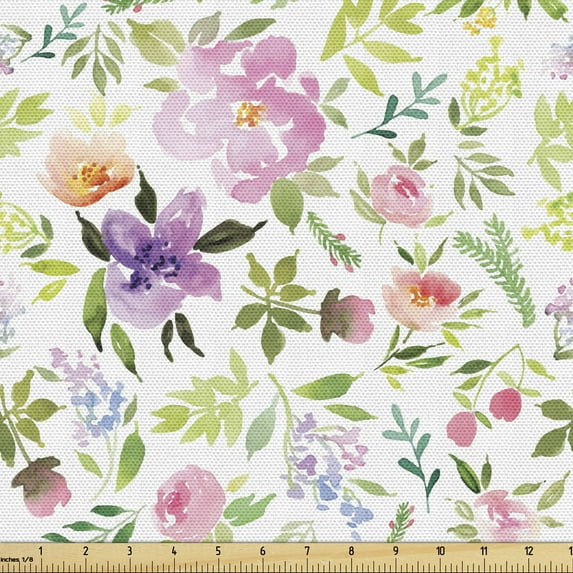 Ambesonne Watercolor Fabric by the Yard Upholstery, Gentle Spring Floral, 3 Yards, Multicolor