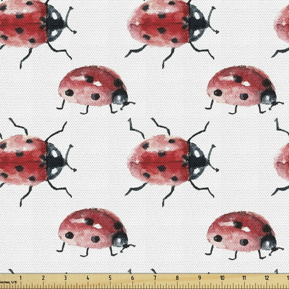 Ambesonne Watercolor Fabric by the Yard Upholstery, Lady Bug Insect, 2 Yards, Vermilion Black White