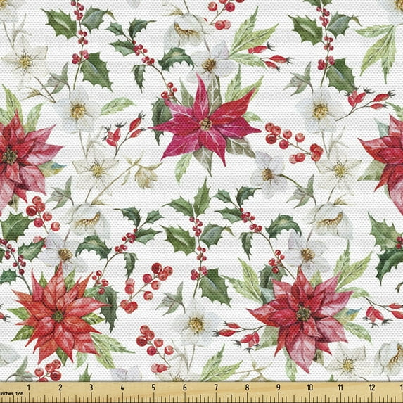 Ambesonne Watercolor Fabric by the Yard Upholstery, Poinsettia Rowan, 5 Yards, Vermilion Green Magenta
