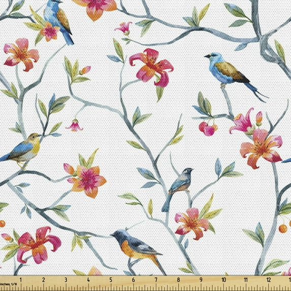 Ambesonne Watercolor Fabric by the Yard Upholstery, Retro Birds on Branches, 3 Yards, Multicolor