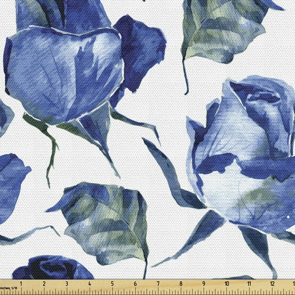 Ambesonne Watercolor Fabric by the Yard Upholstery, Roses with Leaves, 10 Yards, Violet Blue Slate Blue