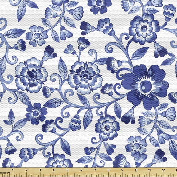 Ambesonne Watercolor Fabric by the Yard Upholstery, Vibrant Blue Flowers, 3 Yards, Violet Blue White