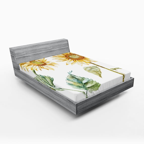 Ambesonne Watercolor Fitted Sheet 2 Pcs Set, Alluring Sunflowers, King, Yellow Green Yellow