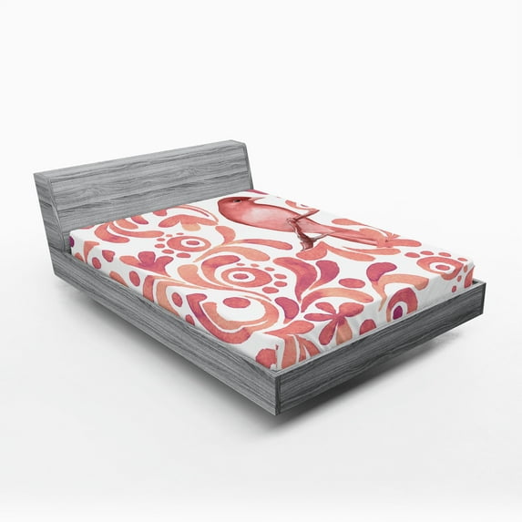 Ambesonne Watercolor Fitted Sheet, Bird on Branch, California King, Coral Dried Rose White