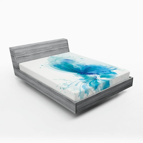 Ambesonne Watercolor Fitted Sheet, Butterfly on Flower, King Size, Blue Sky Blue White