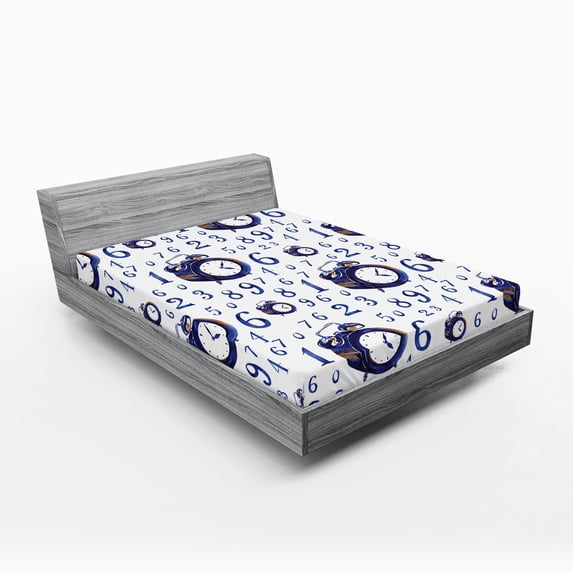 Ambesonne Watercolor Fitted Sheet, Caligraphic Numbers, Full Size, Blue and White