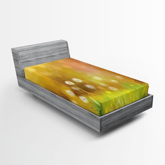 Ambesonne Watercolor Fitted Sheet, Dandelions Fawn Colors, Twin Size, Yellow Green