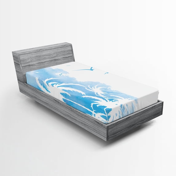 Ambesonne Watercolor Fitted Sheet, Palms Abstract Flying, Twin XL Size, Sky Blue and White