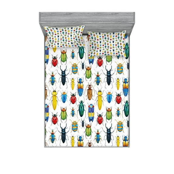 Ambesonne Watercolor Fitted Sheet & Pillow Sham Set, Colorful Insects, Calking, Multicolor