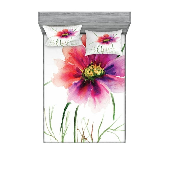 Ambesonne Watercolor Fitted Sheet & Pillow Sham Set, Floral Blossom Art, King, Dark Green Fuchsia Red
