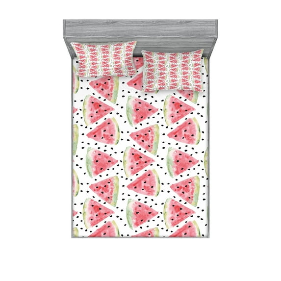 Ambesonne Watercolor Fitted Sheet & Pillow Sham Set, Pieces of Watermelon, Full, Coral Pale Green Black