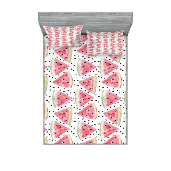 Ambesonne Watercolor Fitted Sheet & Pillow Sham Set, Pieces of Watermelon, Full, Coral Pale Green Black