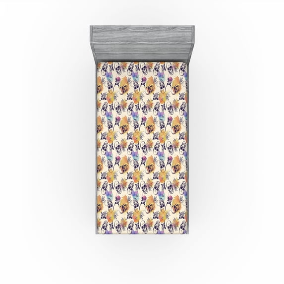 Ambesonne Watercolor Fitted Sheet, Sketchy Floral Ornament, Twin XL Size, Indigo Ivory Multicolor