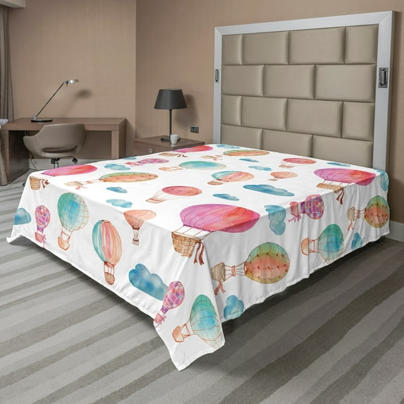 Ambesonne Watercolor Flat Sheet, Air Balloons Clouds, California King, Blue Pink Coral