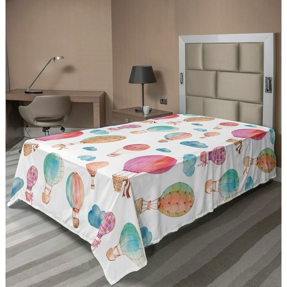 Ambesonne Watercolor Flat Sheet, Air Balloons Clouds, Twin Size, Blue Pink Coral