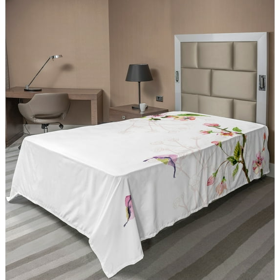 Ambesonne Watercolor Flat Sheet, Apple Tree in Spring, TwinXL Size, Pale Pink Green