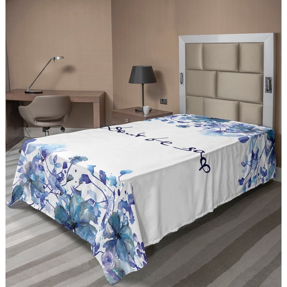 Ambesonne Watercolor Flat Sheet, Blue Flowers Leaves, TwinXL Size, Royal Blue Pale Blue