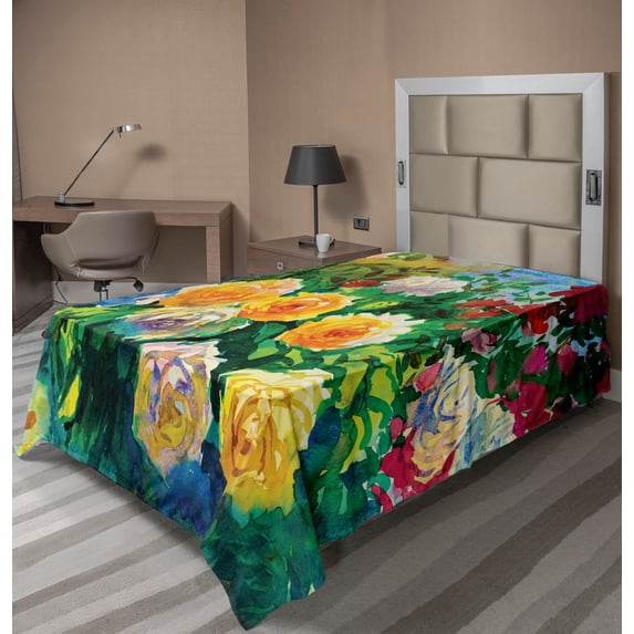 Ambesonne Watercolor Flat Sheet, English Garden Roses Art, Twin Size, Multicolor