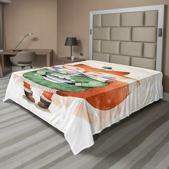 Ambesonne Watercolor Flat Sheet, Fox Coffee Bird, California King, Jade Green Pale Pink