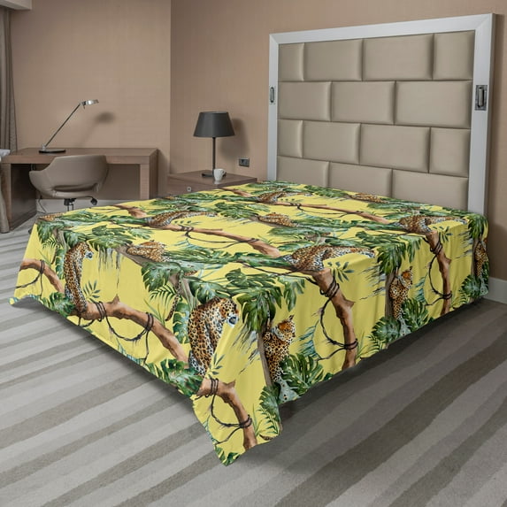 Ambesonne Watercolor Flat Sheet, Leopards in Jungle, Full Size, Yellow Green Pale Yellow
