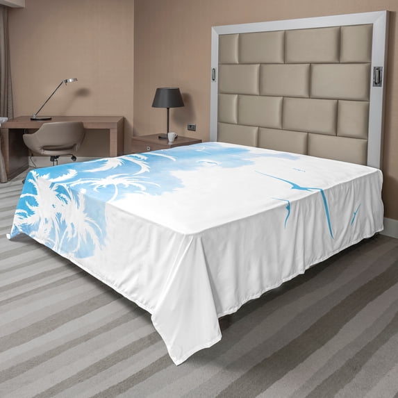 Ambesonne Watercolor Flat Sheet, Palms Abstract Flying, California King, Sky Blue and White