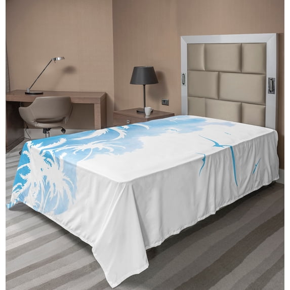 Ambesonne Watercolor Flat Sheet, Palms Abstract Flying, Twin Size, Sky Blue and White