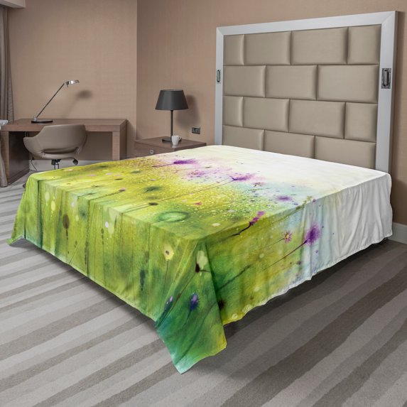 Ambesonne Watercolor Flat Sheet, Purple Cosmos Flora, Queen Size, Purple Apple Green White