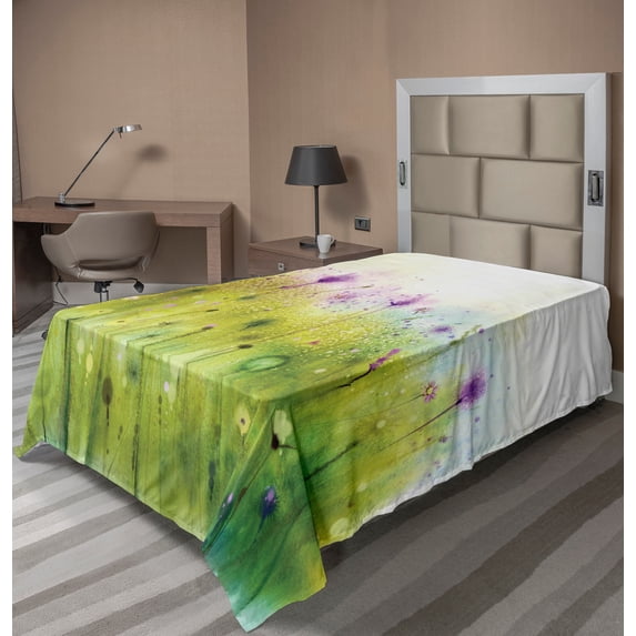 Ambesonne Watercolor Flat Sheet, Purple Cosmos Flora, Twin Size, Purple Apple Green White