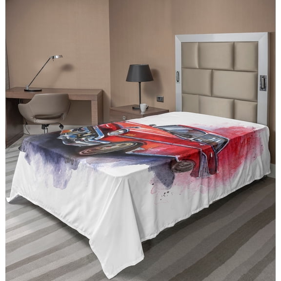 Ambesonne Watercolor Flat Sheet, Vintage Retro Car, TwinXL Size, Red Dimgrey