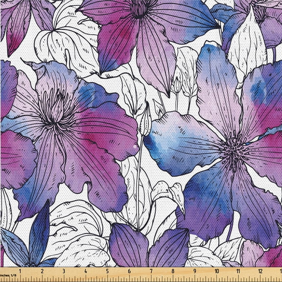 Ambesonne Watercolor Floral Fabric by the Yard Upholstery, Clematis Flowers, 1 Yard, Blue Magenta Violet