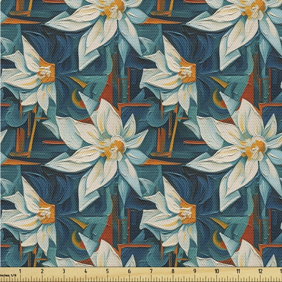 Ambesonne Watercolor Floral Fabric by the Yard Upholstery, Surreal Garden, 2 Yards, Dark Teal Burnt Orange