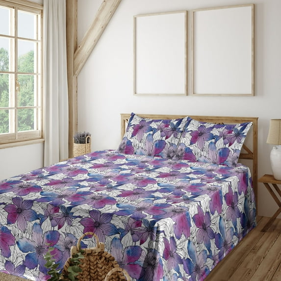 Ambesonne Watercolor Floral Fitted & Flat Sheet with Sham 3 Pcs Set, Clematis Flowers, Twin XL, Blue Magenta Violet